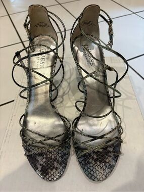 Free With Any Purchase! GUC Guess Mauve Gray/Turquoise Snake-Print Lace-Up Heels